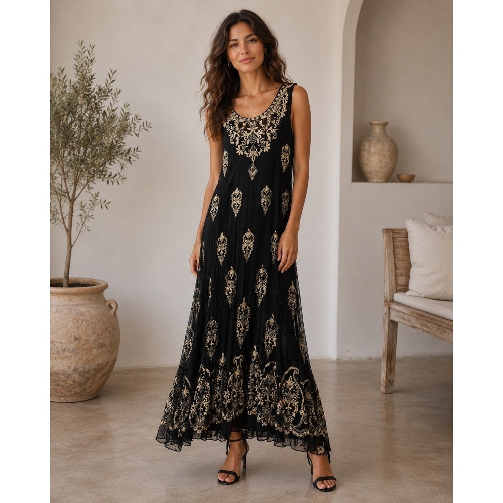 Sundance Maxi Dress Womens S Black Cream Embroidered Mesh Boho Evening Elegant